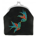 Lavishy Black Vegan Love Forever Birds Tattooed Embroidered Kiss Lock Coin Purse