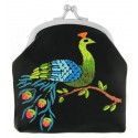 Lavishy Black Vegan Peon Peacock Embroidered Kiss Lock Coin Purse