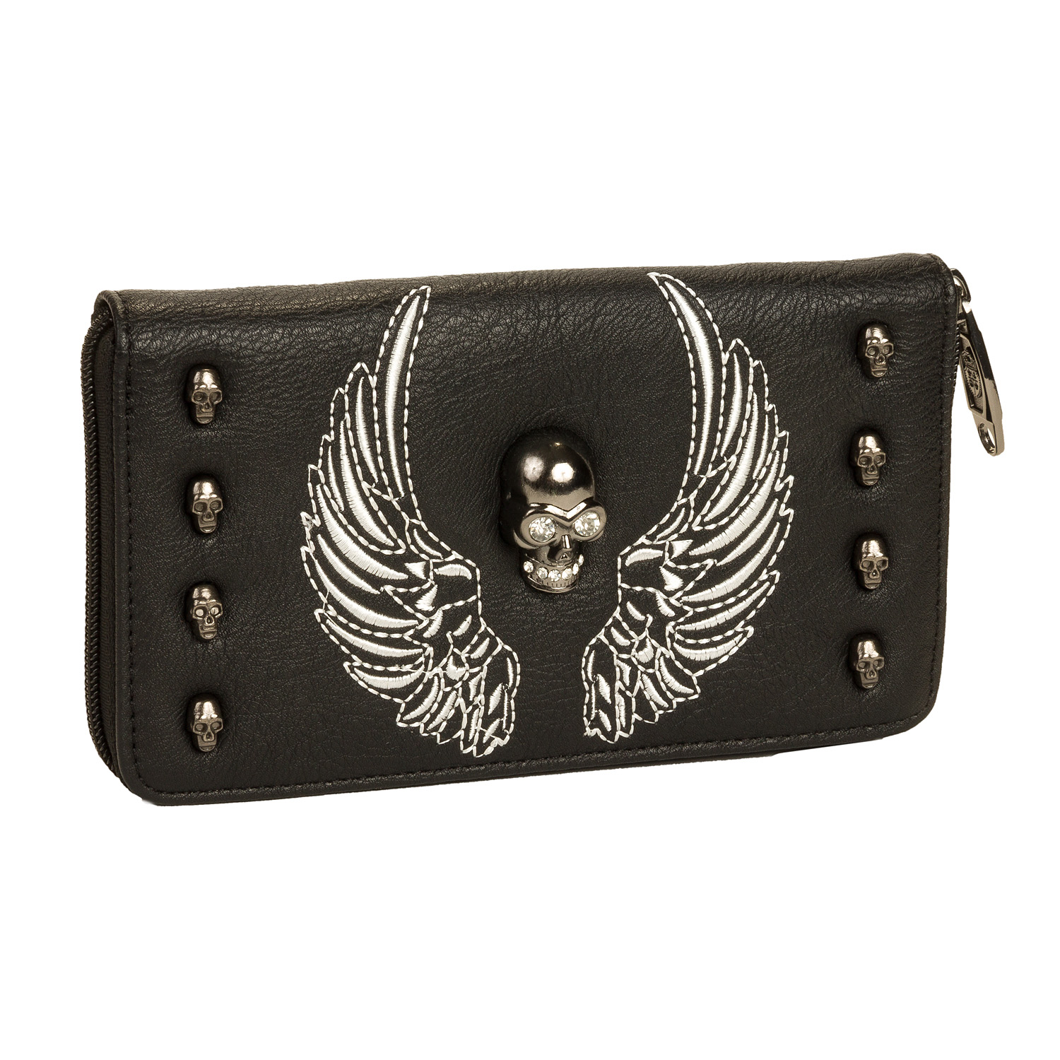 Womens Black Crystal Skull Studded Wallet Wings Rhinestone Stud Zip